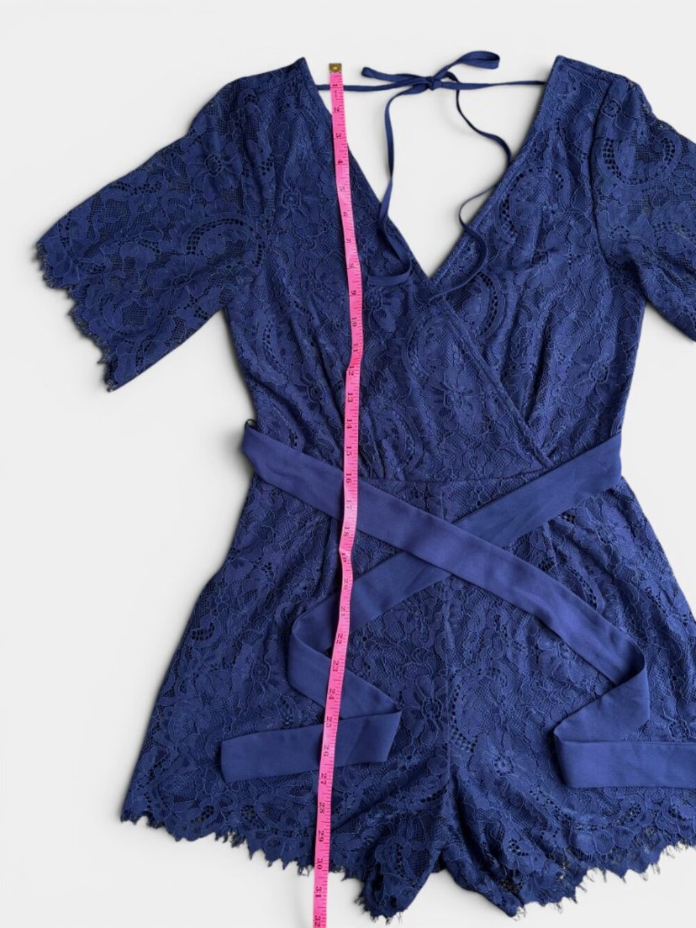 Blue Rain Navy Blue Lace Romper Wrap Front Tie Waist Flutter Sleeve Size Small - Picture 10 of 16